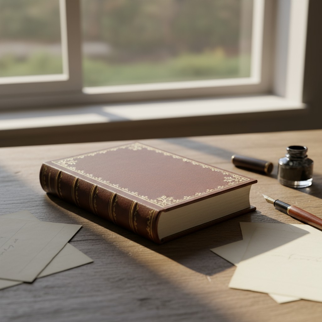 A book is placed on a wooden table in front of a window.