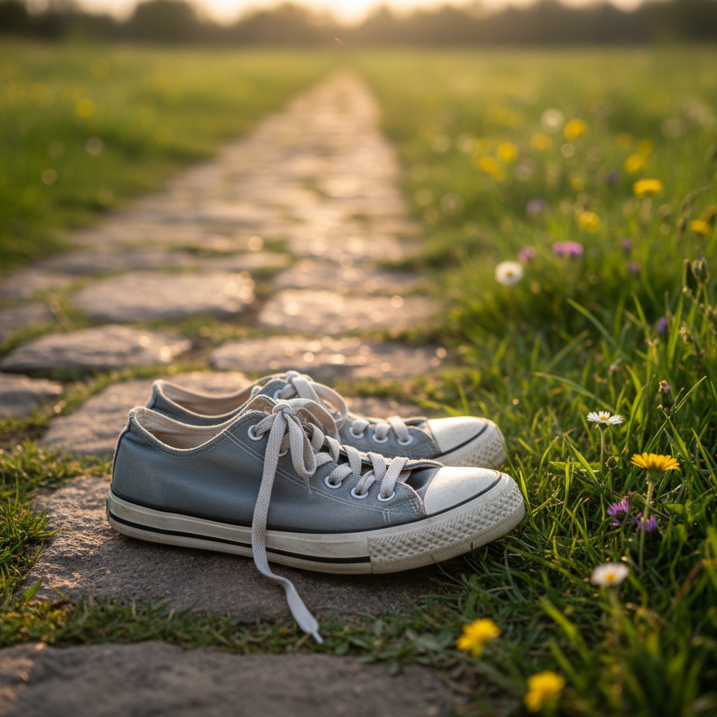 pair of blue sneakers on a stone pathway in a field of grass.