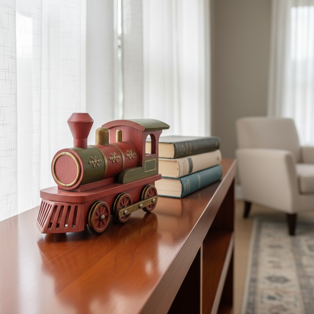 A decorative wooden train on a Victorian-inspired mahogany table, accompanied by three books and a beige armchair.