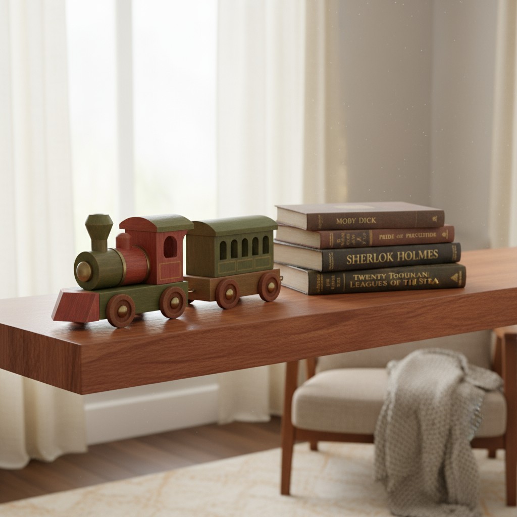 A brown wooden desk with a stack of books and a toy train.