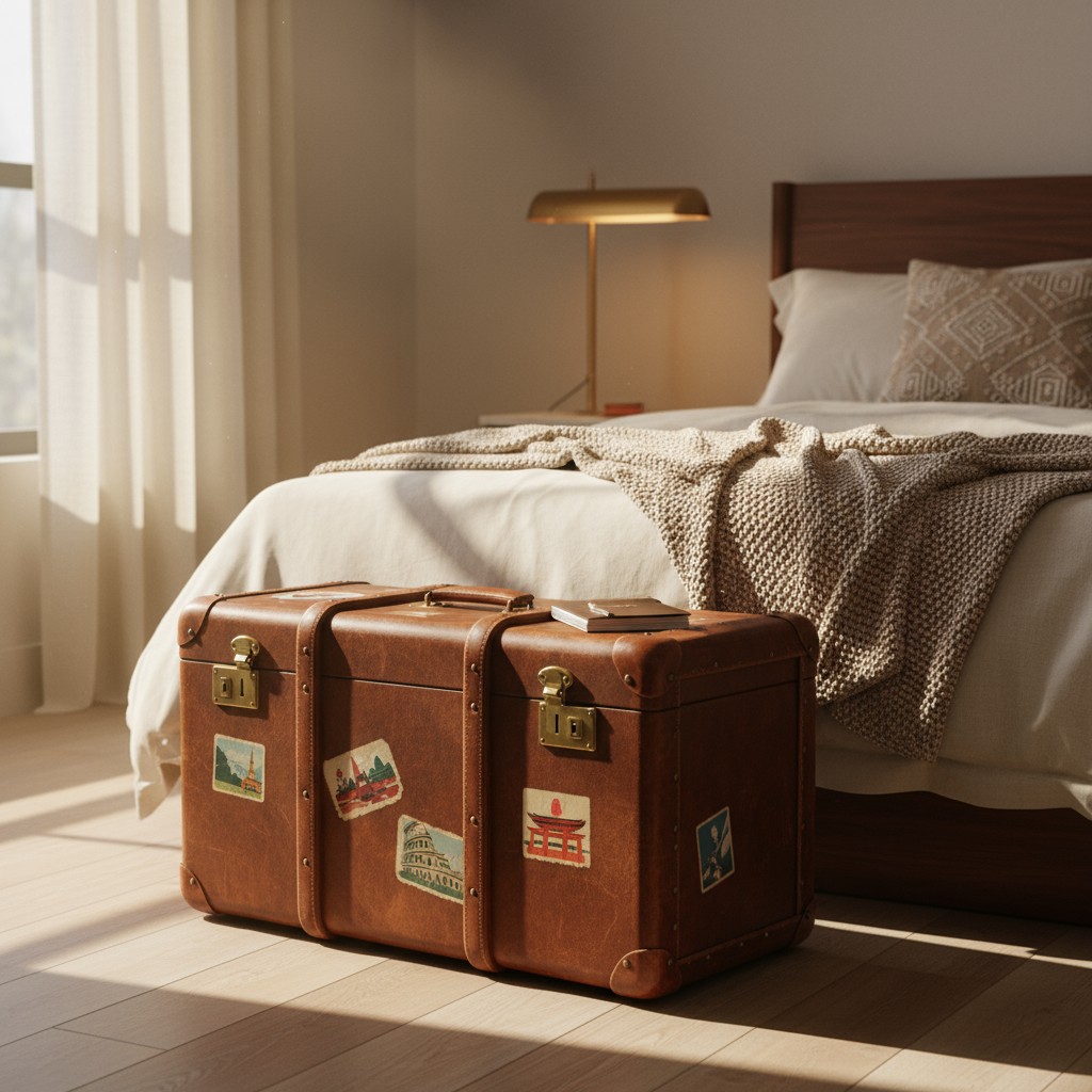 A bedroom with a bed, a nightstand, and a lamp. A brown leather suitcase with various travel stickers sits in the foreground.