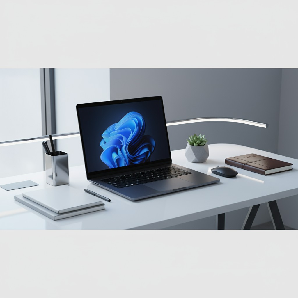 A well-lit office setting with a laptop, notebook, and other office tools.