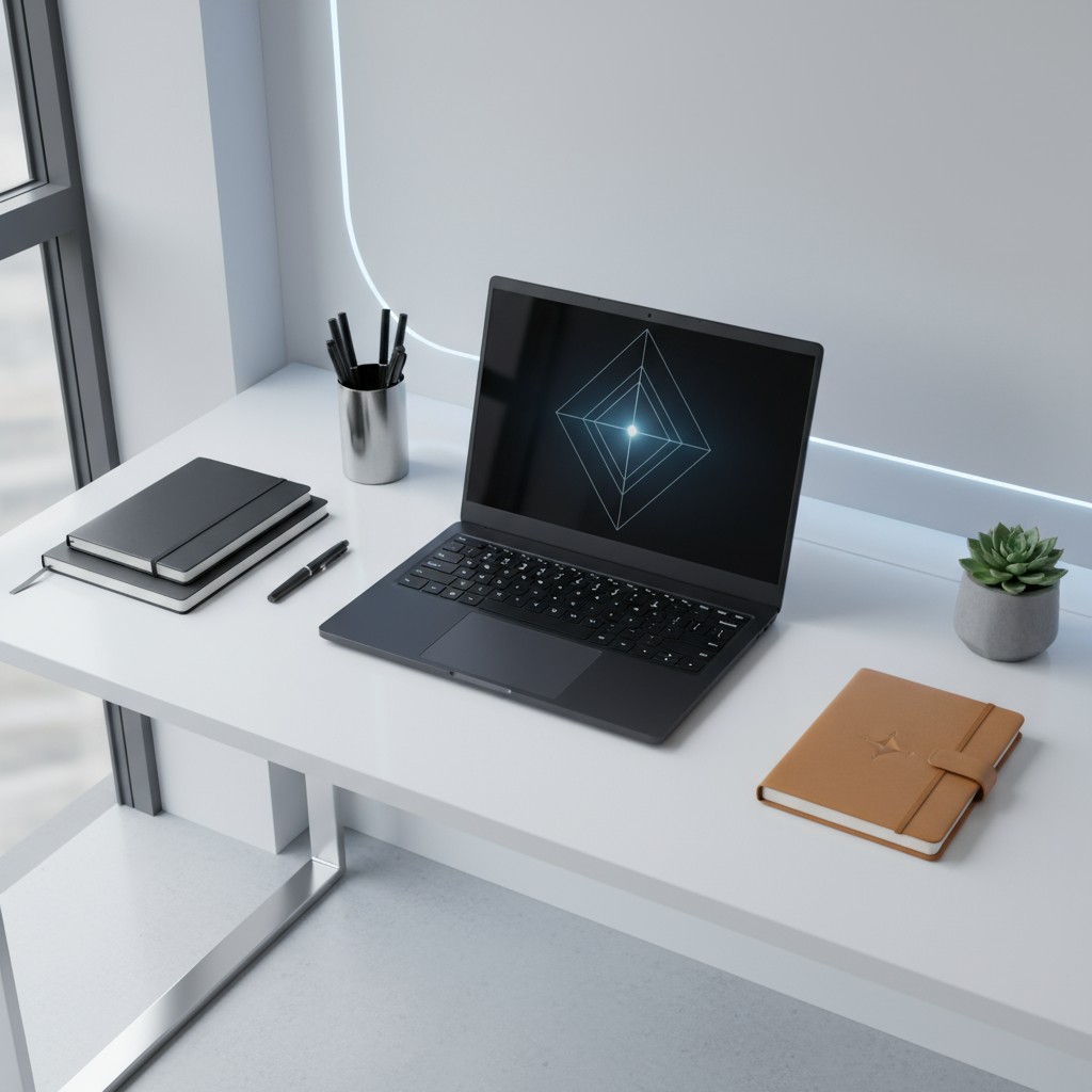 A laptop on a desk, with notebooks & pens nearby.