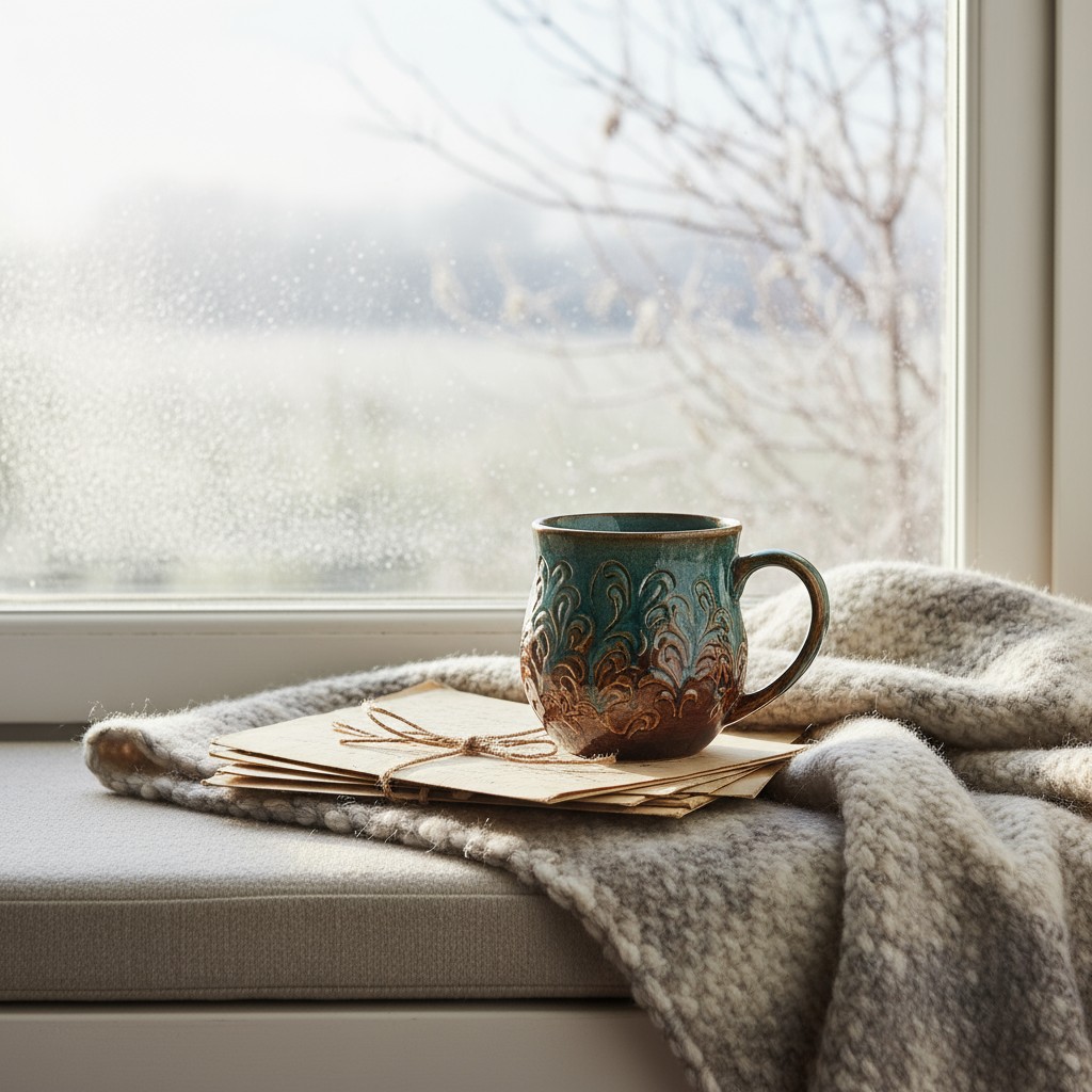 A cozy mug and letters on a blanket next to a frosty window.