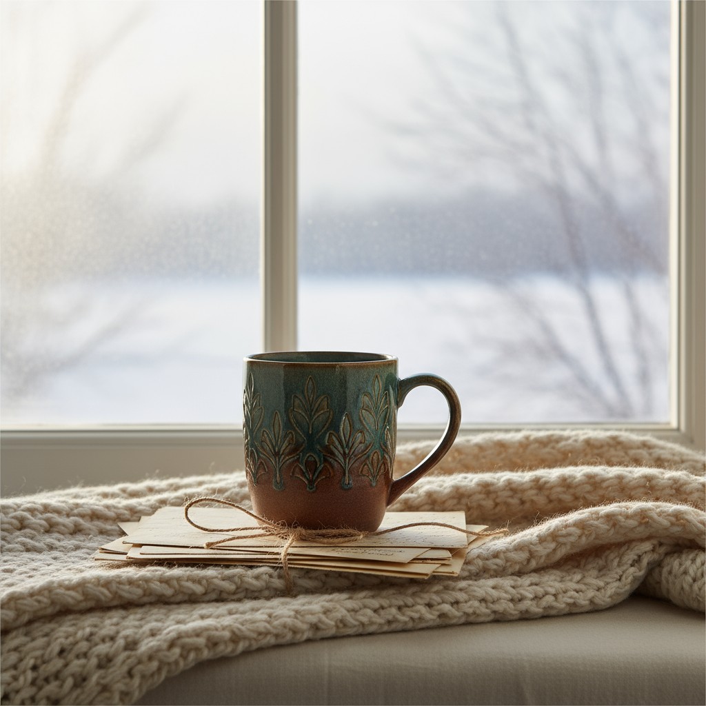 cups aesthetic advice blogger mug sitting on a windowsill with beige knit blanket and stack of paper cards with twine. Win...